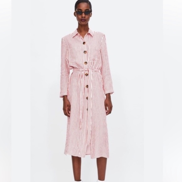 Zara Shirt Dress Red White Striped Linen Blend Midi Button Front Shirtdress - Picture 14 of 14